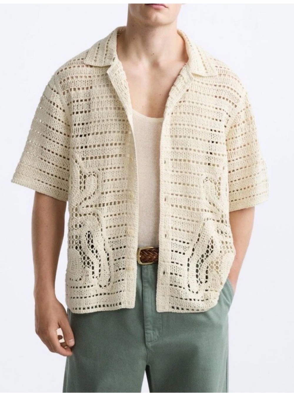 Zara Cream Crochet Short-Sleeve Button-Down Shirt size xl NWOT